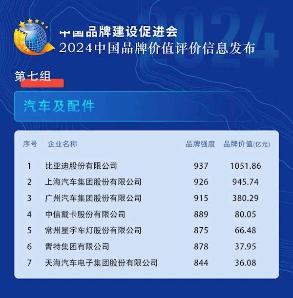 2024中国品牌价值榜发布：比亚迪领跑汽车及配件领域(图1)